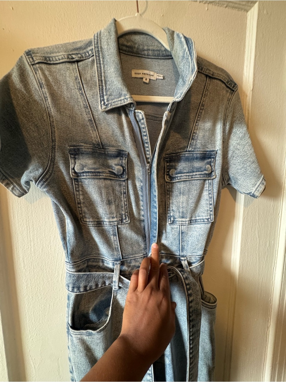 Good American Light Blue Denim Jumpsuit with Tie Belt - Picture 2 of 4
